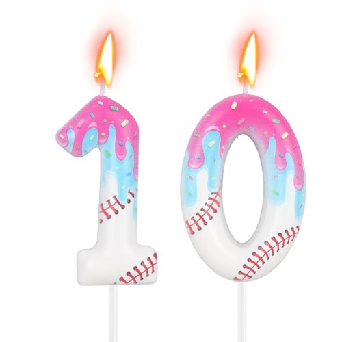 Number 10 Baseball Birthday Candle with Realistic Ice Cream Drip Design