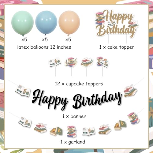 Storybook Birthday Decorations Set - Happy Birthday Banner & Cupcake Toppers with Balloons