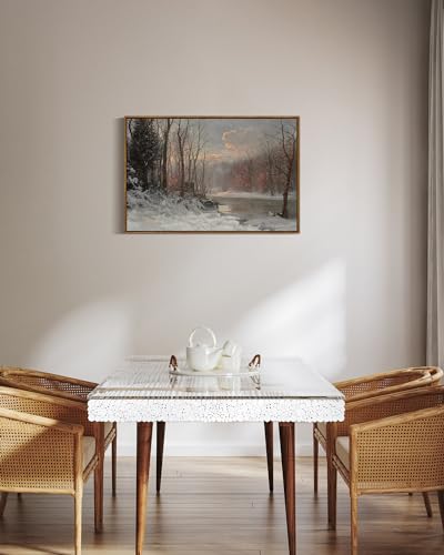 Vintage Canvas Wall Art - Snow Stream River Farmhouse Landscape, 30 x 20 Inches - Winter Scene