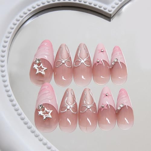 French Tip Press on Nails Medium Almond 3D Star Rhinestones Bow Design
