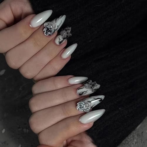 3D Handmade Press On Nails Almond Glossy Black White Marble Butterfly