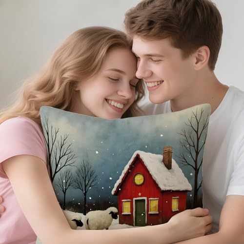 Winter Farmhouse Throw Pillow Cover 18x18 Inch - White Christmas Scene
