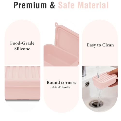 Pink Silicone Travel Soap Case with Lid & Drain Tray - Leakproof
