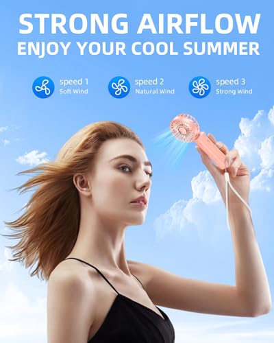 Hssio Pink Portable Handheld Fan - Foldable, 180° Rotation, 3 Speeds