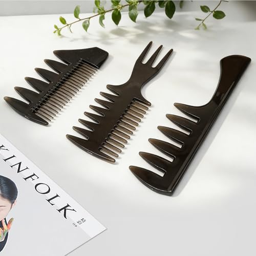 Qjaiune 3-Pack Black Hair Styling Comb Set, Wide Tooth & Texture Combs