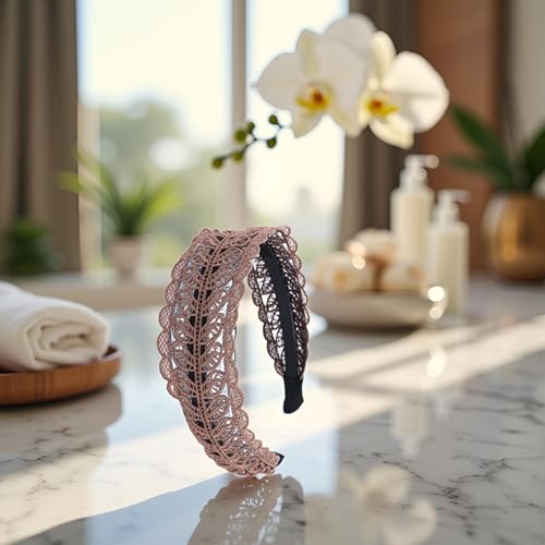 Cauaoa Coffee Lace Leaf Wide Headband Non-Slip Elastic Hair Hoop