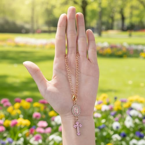 Catholic Rosary Car Charm with Virgin Mary Cross Pendant