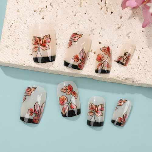 French Tip Press on Nails Medium Square Thanksgiving Maple Leaf Fake Nails