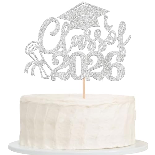 Class of 2026 Silver Glitter Cake Topper Congrats Grad Cap Diploma Pick