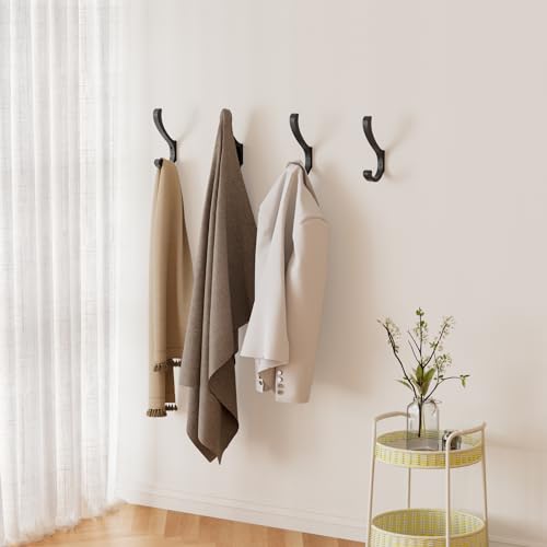 Heavy Duty Black Coat Hooks Wall Mount - 4 Pack, 35 LB Capacity