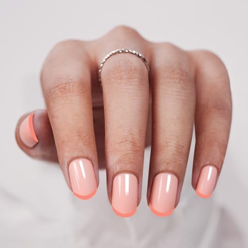 Vneffabler Short French Peach Press On Nails Glossy Square Fake Nails Kit