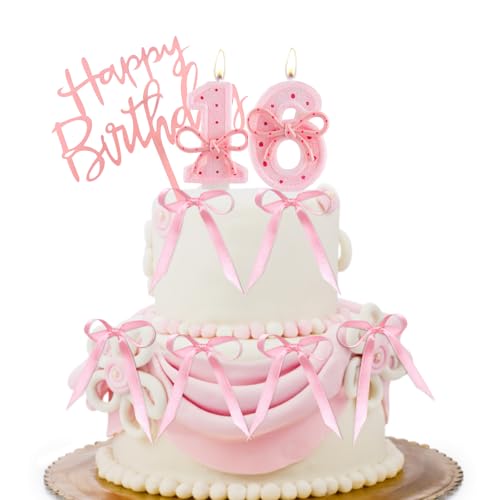 16th Birthday Candle Set with Pink Bowknots & Cake Topper