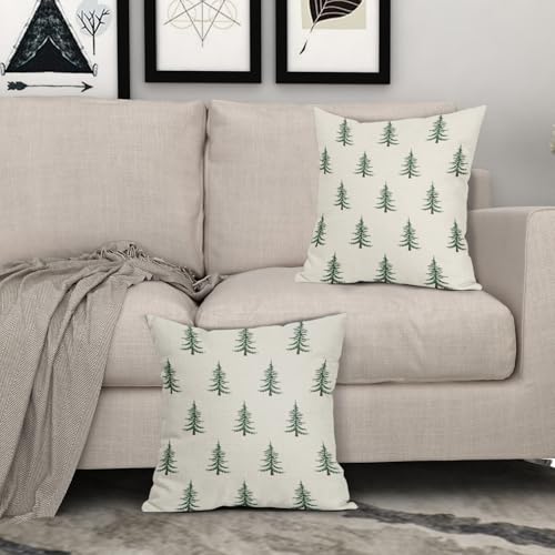 Christmas Pillow Covers 18x18 Set of 2 with Forest Green Tree Print