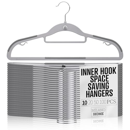 Milano Home 10-Pack Slim Cascading Plastic Hangers - Grey Non-Slip Design