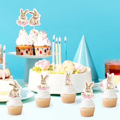 36 Pcs Bunny Cupcake Toppers with Pink Bow - Floral Rabbit Theme Decorations