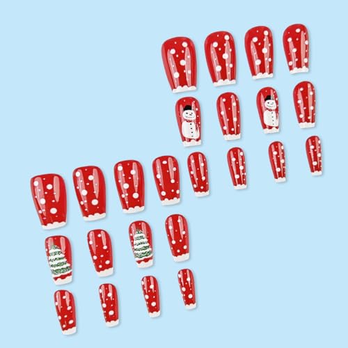 Christmas Snowman Press on Nails French Tip Glossy Red Fake Nails
