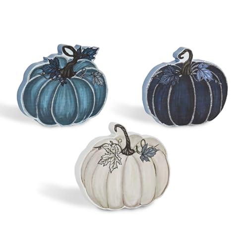 3-Piece Blue Wooden Pumpkin Tabletop Decor Set for Fall Harvest Home Styling