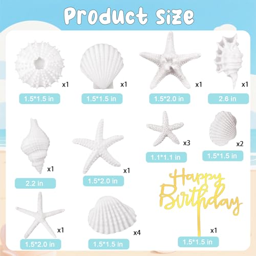 17PCS White Gold Seashell Cake Toppers for Beach Theme Party