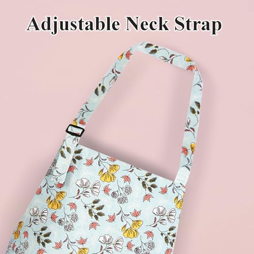 Blue Floral Apron for Women - Waterproof Cotton Canvas with Pockets