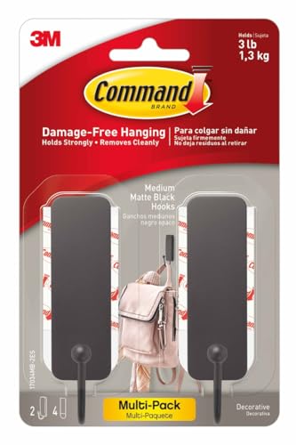 Command Medium Black Hooks - Damage-Free Heavy Duty Adhesive Hangers (2 Hooks, 4 Strips)