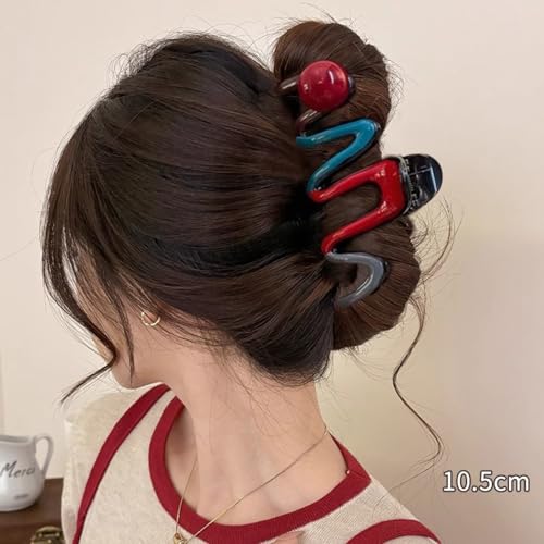 FRUZJAY Wavy Acrylic Hair Claw Clip with Red Beads Strong Hold Nonslip