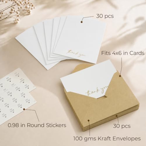 Vienrose 30 Pack Thank You Cards with Kraft Envelopes & Gold Foil Stickers
