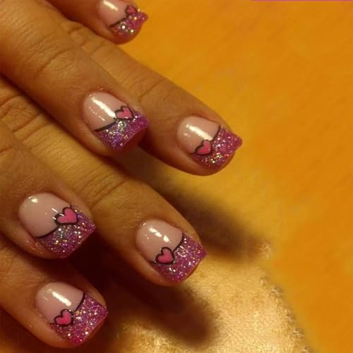 Valentine Press on Nails Short Square False Nails with Red Heart Design