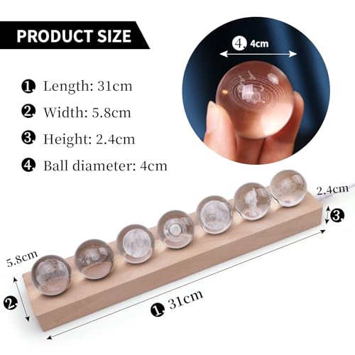 7 Pcs Crystal Planet Night Light Set with Wooden Base - Galaxy Moon Saturn Decor for Home & Gifts