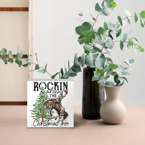 Western Cowboy Christmas Wood Sign - Rockin Variation, 5x5 Inch Holiday Decor