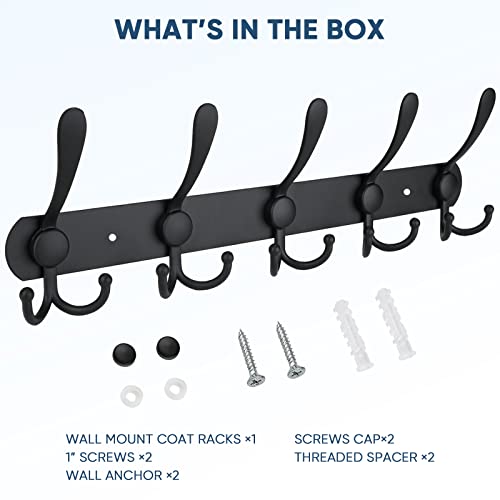 TICONN Wall Mounted Coat Rack, 5 Heavy Duty Tri-Hooks - Matte Black