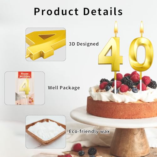 Gold 40th Birthday Candles - 2 Pack Cake Toppers for Men