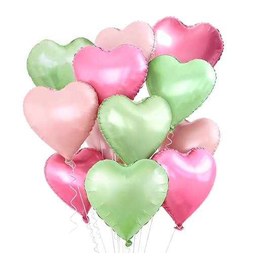 18-Inch Heart Foil Balloons - Pink & Sage Green, 12-Pack