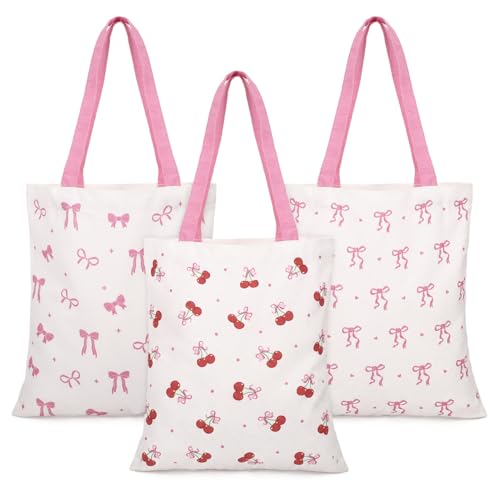 JATEBI 3-Pack Cute Double-Sided Tote Bags - Pink Reusable Grocery Totes with Inner Pocket