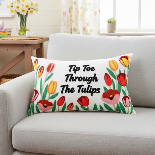 Embroidered Flower Tulip Pillow Cover 12x20 Inch for Home Decor