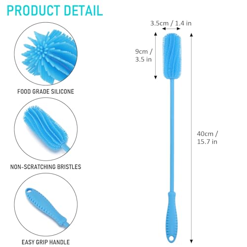 15.7" Silicone Bottle Brush, ddLUCK Water Bottle Cleaner Brush for Stanley, Hydroflasks, Glass, Thermos Sports Bottle, Vase and Glassware, Bottle Brush Cleaner for Small Narrow Neck Containers (Blue)