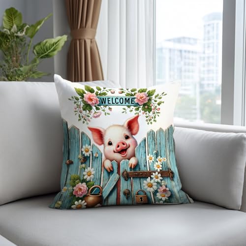 Set of 2 Pig Throw Pillow Covers 18x18 Inch - Cute Farmhouse Decor