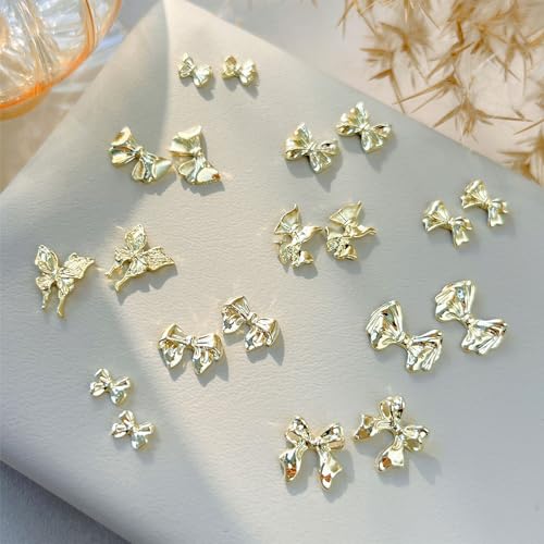 GUAACCB 3D Gold Metal Bow Nail Charms - Shiny Alloy Bowknot Gems for Nail Art