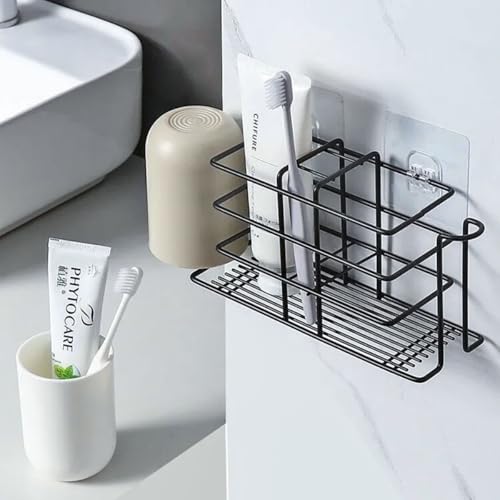 Wall-Mounted Toothbrush Holder with Cups - Black Metal Organizer