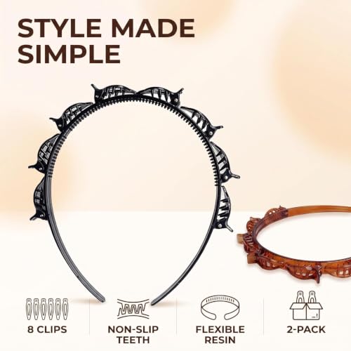 Double Layer Twist Braid Headband with Small Clips 2-Piece Set