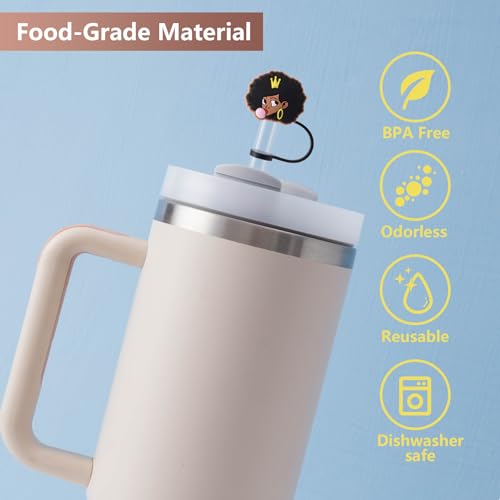 6Pcs Black Girl Straw Cover Cap for Stanley Cup Accessories, 10mm Cute Black Drinking Straw Topper for 40oz 30oz Stanley Tumbler, Dust-Proof Reusable Straw Tips Valentines Decor Gifts for Women