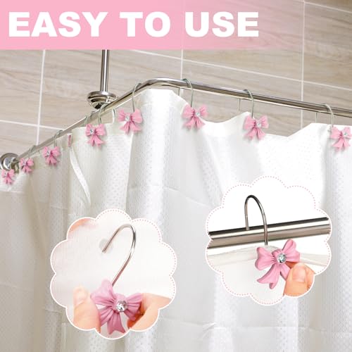 Pink Bow Shower Curtain Hooks 12 Pcs Stainless Steel Bathroom Accessories