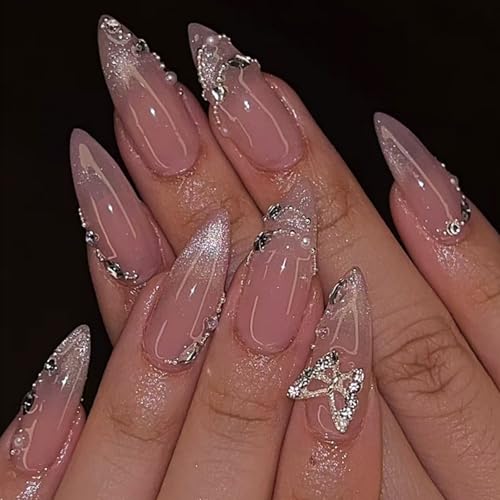 Nude Press on Nails Medium Almond 3D Butterfly Glitter Acrylic Fake Nails