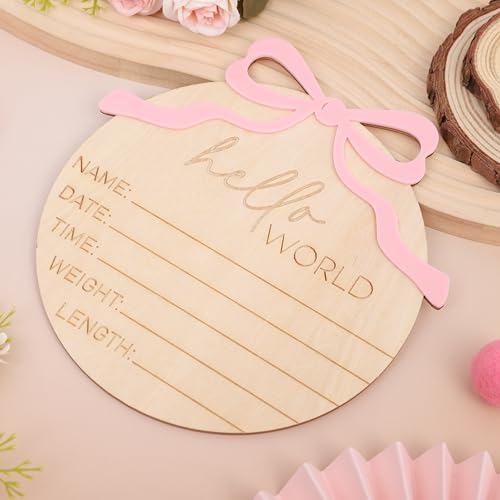 Hello World Wooden Baby Announcement Sign with Bow - Newborn Photo Prop