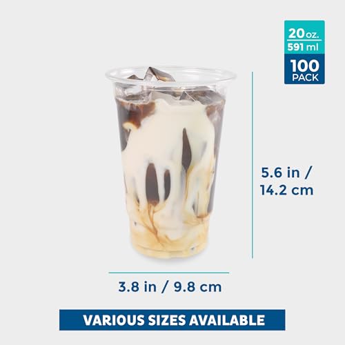 Freshware Clear Plastic Cups [100 Pack - 20 oz] Disposable Cups for Iced Coffee, Smoothie, Milkshake, Cold Drinks