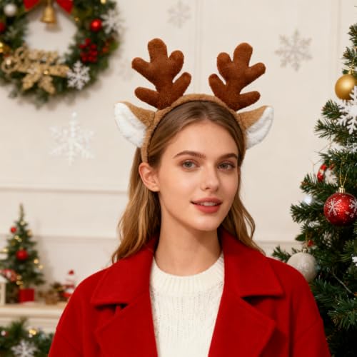 Christmas Reindeer Antlers Headband with White Furry Ears - Brown Holiday Hair Accessory for Women