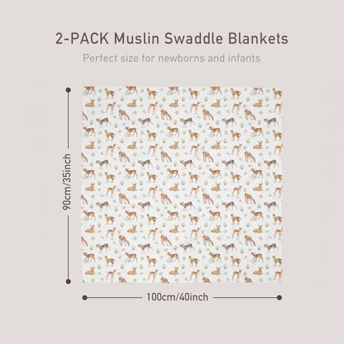 GLLQUEN BABY Muslin Swaddle Blankets - Deerling Print, 2 Pack, 35" x 40"