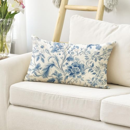 20x12 Inch Chinoiserie Floral Throw Pillow Cover - Blue Cushion Case for Sofa Couch Farmhouse