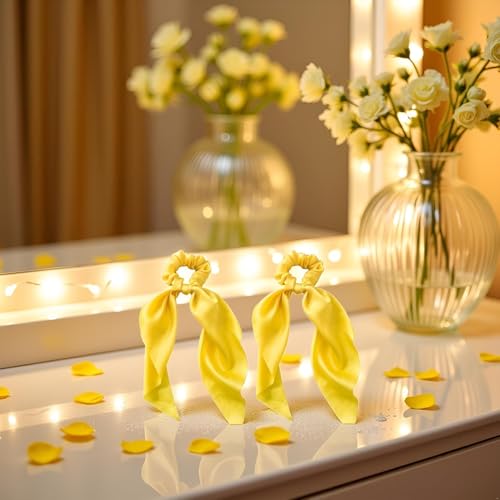Yellow Satin Ribbon Bow Hair Scrunchies 2-Pack Ponytail Holder Scarf