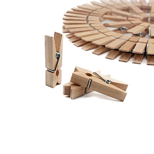 Natural Wooden Clothespins 1.38 Inch - 100 Pack Mini Photo Clips with Jute Twine