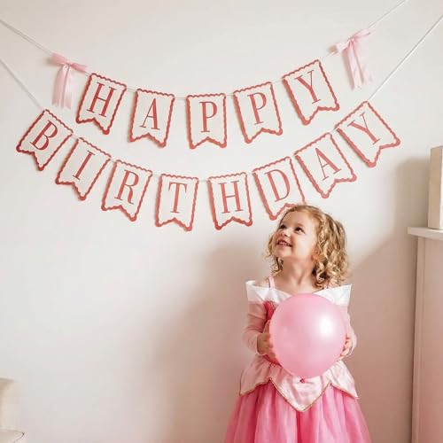 Pink Birthday Banner with Satin Bows & Scalloped Edges - Reusable Party Decor